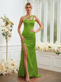 Sheath/Column Silk like Satin Ruched One-Shoulder Sleeveless Sweep/Brush Train Bridesmaid Dresses Formal Evening Dress