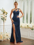Sheath/Column Silk like Satin Ruched One-Shoulder Sleeveless Sweep/Brush Train Bridesmaid Dresses Formal Evening Dress