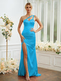 Sheath/Column Silk like Satin Ruched One-Shoulder Sleeveless Sweep/Brush Train Bridesmaid Dresses Formal Evening Dress