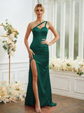 Sheath/Column Silk like Satin Ruched One-Shoulder Sleeveless Sweep/Brush Train Bridesmaid Dresses Formal Evening Dress