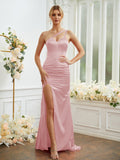 Sheath/Column Silk like Satin Ruched One-Shoulder Sleeveless Sweep/Brush Train Bridesmaid Dresses Formal Evening Dress