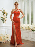 Sheath/Column Silk like Satin Ruched One-Shoulder Sleeveless Sweep/Brush Train Bridesmaid Dresses Formal Evening Dress
