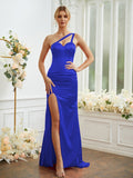 Sheath/Column Silk like Satin Ruched One-Shoulder Sleeveless Sweep/Brush Train Bridesmaid Dresses Formal Evening Dress