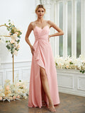 A-Line/Princess Chiffon Ruched V-neck Sleeveless Floor-Length Bridesmaid Dresses Formal Evening Dress