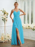 A-Line/Princess Chiffon Ruched V-neck Sleeveless Floor-Length Bridesmaid Dresses Formal Evening Dress