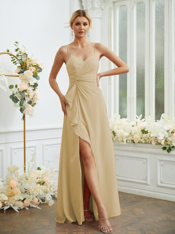 A-Line/Princess Chiffon Ruched V-neck Sleeveless Floor-Length Bridesmaid Dresses Formal Evening Dress