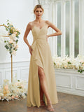 A-Line/Princess Chiffon Ruched V-neck Sleeveless Floor-Length Bridesmaid Dresses Formal Evening Dress