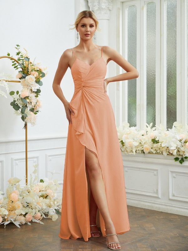 A-Line/Princess Chiffon Ruched V-neck Sleeveless Floor-Length Bridesmaid Dresses Formal Evening Dress