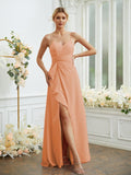 A-Line/Princess Chiffon Ruched V-neck Sleeveless Floor-Length Bridesmaid Dresses Formal Evening Dress