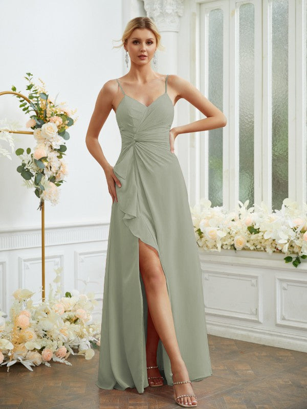 A-Line/Princess Chiffon Ruched V-neck Sleeveless Floor-Length Bridesmaid Dresses Formal Evening Dress