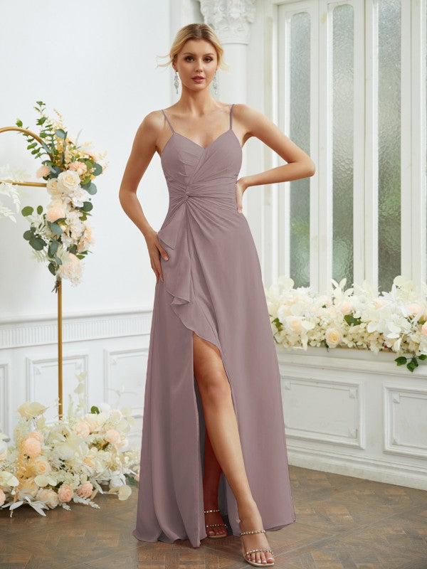 A-Line/Princess Chiffon Ruched V-neck Sleeveless Floor-Length Bridesmaid Dresses Formal Evening Dress