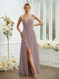 A-Line/Princess Chiffon Ruched V-neck Sleeveless Floor-Length Bridesmaid Dresses Formal Evening Dress