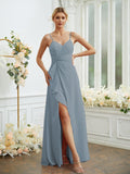 A-Line/Princess Chiffon Ruched V-neck Sleeveless Floor-Length Bridesmaid Dresses Formal Evening Dress