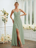 A-Line/Princess Chiffon Ruched V-neck Sleeveless Floor-Length Bridesmaid Dresses Formal Evening Dress