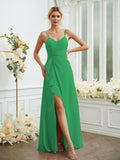 A-Line/Princess Chiffon Ruched V-neck Sleeveless Floor-Length Bridesmaid Dresses Formal Evening Dress