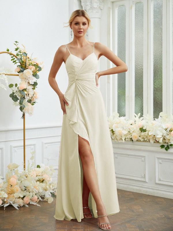 A-Line/Princess Chiffon Ruched V-neck Sleeveless Floor-Length Bridesmaid Dresses Formal Evening Dress