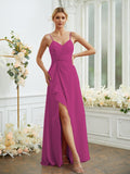 A-Line/Princess Chiffon Ruched V-neck Sleeveless Floor-Length Bridesmaid Dresses Formal Evening Dress