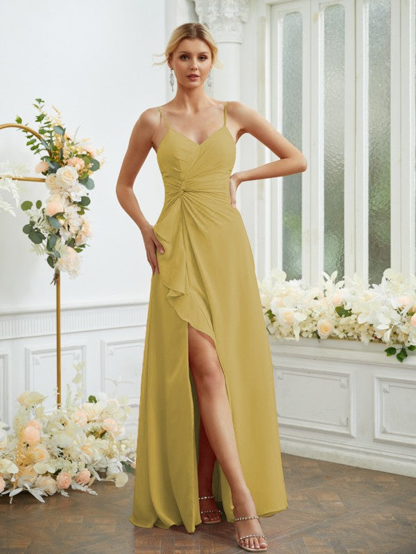 A-Line/Princess Chiffon Ruched V-neck Sleeveless Floor-Length Bridesmaid Dresses Formal Evening Dress