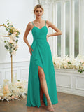 A-Line/Princess Chiffon Ruched V-neck Sleeveless Floor-Length Bridesmaid Dresses Formal Evening Dress