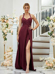 A-Line/Princess Stretch Crepe Ruched Halter Sleeveless Floor-Length Bridesmaid Dresses Formal Evening Dress