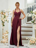 A-Line/Princess Stretch Crepe Ruched Halter Sleeveless Floor-Length Bridesmaid Dresses Formal Evening Dress