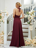 A-Line/Princess Stretch Crepe Ruched Halter Sleeveless Floor-Length Bridesmaid Dresses Formal Evening Dress