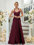 A-Line/Princess Stretch Crepe Ruched Halter Sleeveless Floor-Length Bridesmaid Dresses Formal Evening Dress