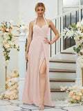 A-Line/Princess Stretch Crepe Ruched Halter Sleeveless Floor-Length Bridesmaid Dresses Formal Evening Dress