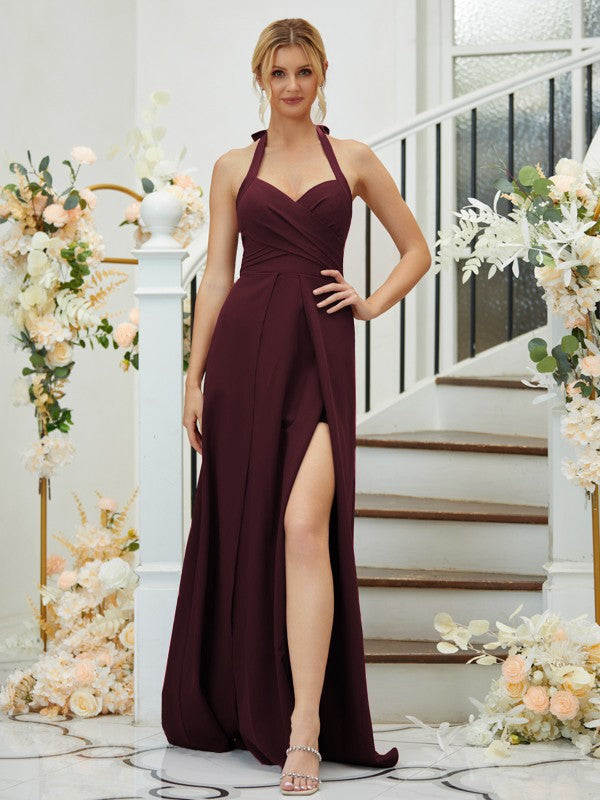 A-Line/Princess Stretch Crepe Ruched Halter Sleeveless Floor-Length Bridesmaid Dresses Formal Evening Dress