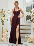 A-Line/Princess Stretch Crepe Ruched Halter Sleeveless Floor-Length Bridesmaid Dresses Formal Evening Dress