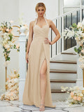A-Line/Princess Stretch Crepe Ruched Halter Sleeveless Floor-Length Bridesmaid Dresses Formal Evening Dress
