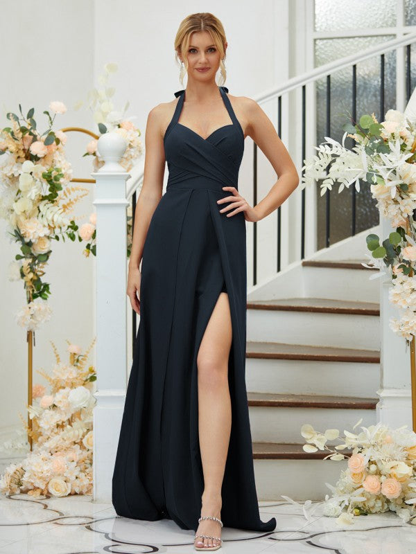 A-Line/Princess Stretch Crepe Ruched Halter Sleeveless Floor-Length Bridesmaid Dresses Formal Evening Dress
