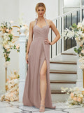 A-Line/Princess Stretch Crepe Ruched Halter Sleeveless Floor-Length Bridesmaid Dresses Formal Evening Dress