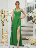 A-Line/Princess Stretch Crepe Ruched Halter Sleeveless Floor-Length Bridesmaid Dresses Formal Evening Dress