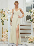 A-Line/Princess Stretch Crepe Ruched Halter Sleeveless Floor-Length Bridesmaid Dresses Formal Evening Dress