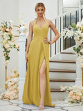 A-Line/Princess Stretch Crepe Ruched Halter Sleeveless Floor-Length Bridesmaid Dresses Formal Evening Dress
