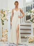 A-Line/Princess Stretch Crepe Ruched Halter Sleeveless Floor-Length Bridesmaid Dresses Formal Evening Dress