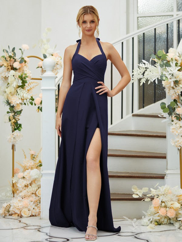 A-Line/Princess Stretch Crepe Ruched Halter Sleeveless Floor-Length Bridesmaid Dresses Formal Evening Dress