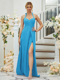A-Line/Princess Stretch Crepe Ruched Halter Sleeveless Floor-Length Bridesmaid Dresses Formal Evening Dress
