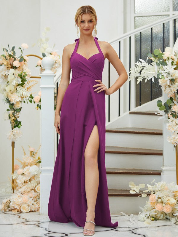 A-Line/Princess Stretch Crepe Ruched Halter Sleeveless Floor-Length Bridesmaid Dresses Formal Evening Dress