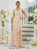 A-Line/Princess Stretch Crepe Ruched Halter Sleeveless Floor-Length Bridesmaid Dresses Formal Evening Dress