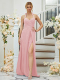 A-Line/Princess Stretch Crepe Ruched Halter Sleeveless Floor-Length Bridesmaid Dresses Formal Evening Dress