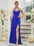 A-Line/Princess Stretch Crepe Ruched Halter Sleeveless Floor-Length Bridesmaid Dresses Formal Evening Dress