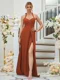 A-Line/Princess Stretch Crepe Ruched Halter Sleeveless Floor-Length Bridesmaid Dresses Formal Evening Dress