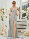 A-Line/Princess Stretch Crepe Ruched Halter Sleeveless Floor-Length Bridesmaid Dresses Formal Evening Dress