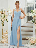 A-Line/Princess Stretch Crepe Ruched Halter Sleeveless Floor-Length Bridesmaid Dresses Formal Evening Dress