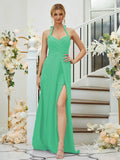 A-Line/Princess Stretch Crepe Ruched Halter Sleeveless Floor-Length Bridesmaid Dresses Formal Evening Dress