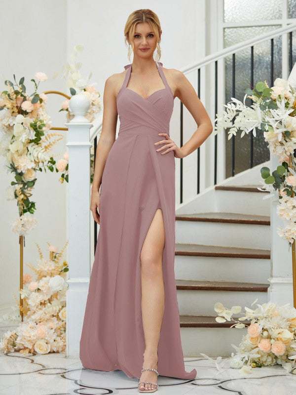 A-Line/Princess Stretch Crepe Ruched Halter Sleeveless Floor-Length Bridesmaid Dresses Formal Evening Dress