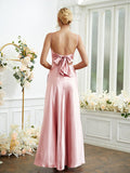 Sheath/Column Silk like Satin Ruched Spaghetti Straps Sleeveless Floor-Length Bridesmaid Dresses Formal Evening Dress