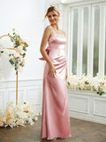 Sheath/Column Silk like Satin Ruched Spaghetti Straps Sleeveless Floor-Length Bridesmaid Dresses Formal Evening Dress